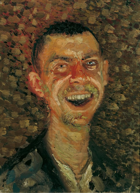 Self-portrait painting by the artist Richard Gerstl. He has his mouth open and appears to be laughing. The colors are greens, creams and orange.