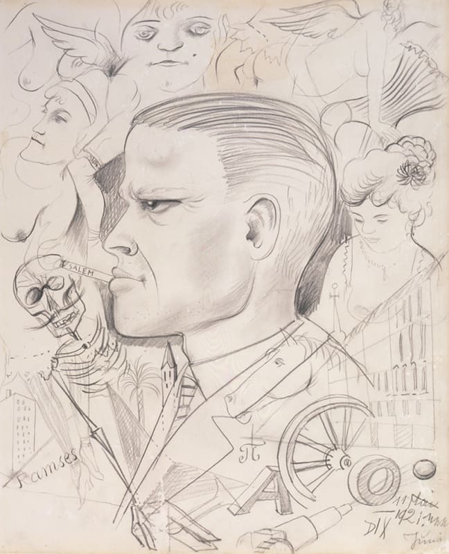 Otto Dix's pencil Self-Portrait drawing showing the artist in profile looking to the left while smoking a cigarette. Figures float around him in a surrealistic setting.
