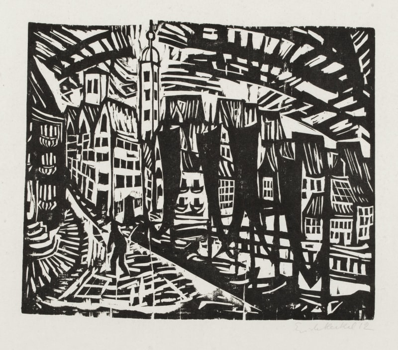 Black and white woodcut by Erich Heckel showing a city view of Stralsund, Germany with great geometry and angularity