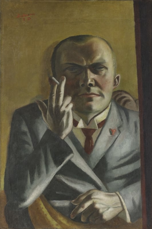 Self-Portrait oil painting by Max Beckmann showing the artist wearing a gray suit as he sits in a chair to smoke a cigarette held in his left hand