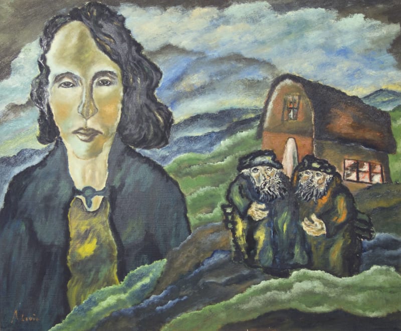A painting by Abraham Levin in shades of blue, green, gray and yellow. A white woman with dark hair occupies the left half of the composition while, at right among flowing green hills, two small bearded men wearing long coats and brimmed hats stand togeth