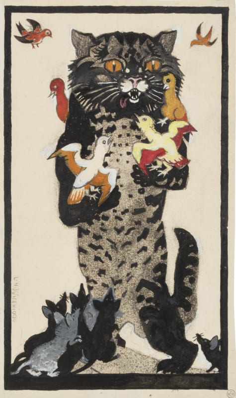 A work in tempera paint on cream paper by Ludwig Heinrich Jungnickel depicting a speckled dark brown cat with its mouth open in hunger. The cat, with small chirping birds in its front paws, stands upright while small mice gather around its hind legs.