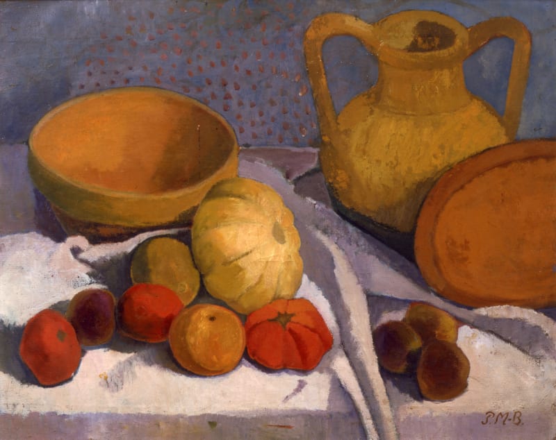 Still-life painting by Paula Modersohn-Becker of pieces of pottery and different gourds and vegetables on a table