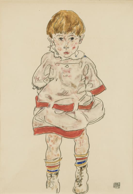 Watercolor portrait on paper by Egon Schiele of his nephew, a young white boy with short strawberry blond hair. The boy is frontal-facing and wears a white outfit with red trim, rainbow striped socks, and white shoes.