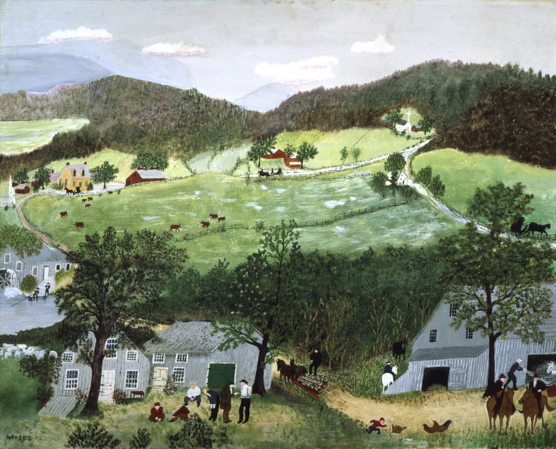 Colorful oil painting by Grandma Moses featuring green, rolling hills, blue houses, children chasing birds, and two men on horseback.