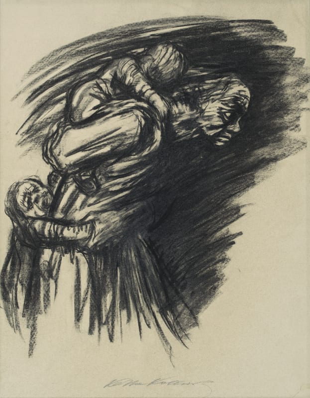 charcoal drawing by Käthe Kollwitz showing a striding mother in profile. she hunches over carrying a young child on her back while another child clenches at her waist in anguish