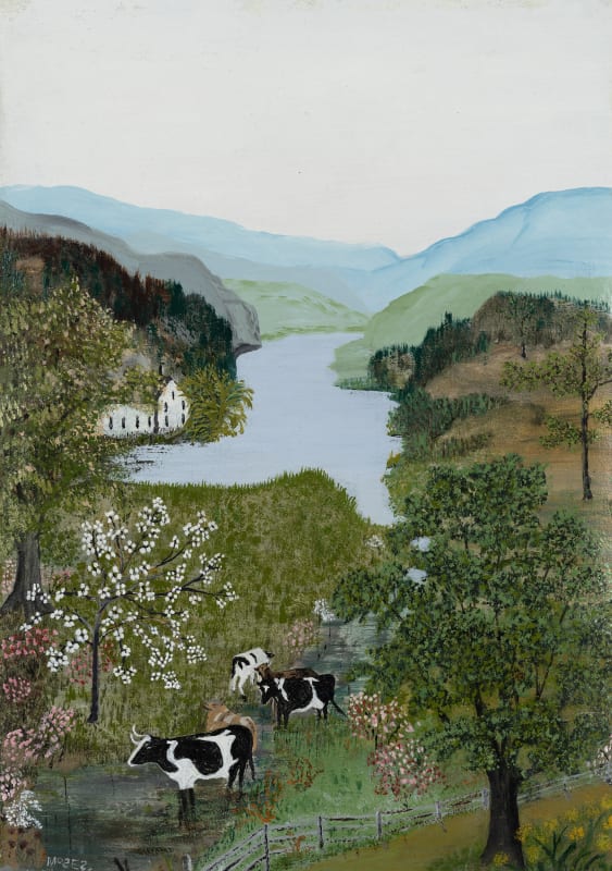 Landscape oil painting by Grandma Moses depicting a lush green landscape with two black and white cows at the center foreground