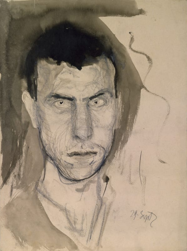 Self-portrait drawing in charcoal and gray by the artist Richard Gerstl. He is glaring at the viewer