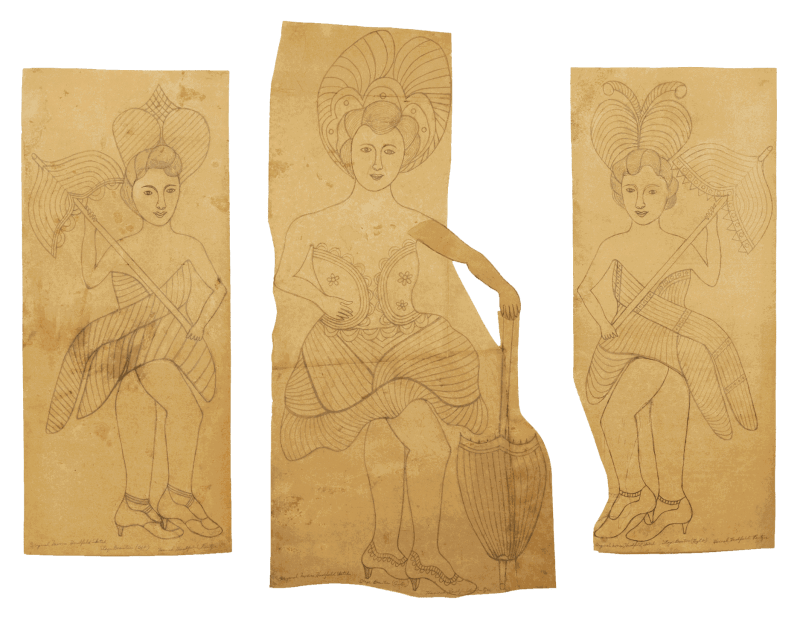 cut paper studies for a painting by Morris Hirshfield showing a grouping of three stage show ladies in pencil, each on their own piece of tan paper.