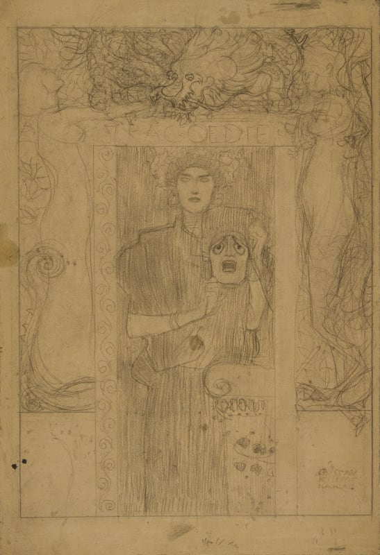a detailed black crayon drawing on dark tan paper by Gustav Klimt which is a study for the allegorical painting Tragedy. Shows a female figure at center holding a mask with bulging eyes