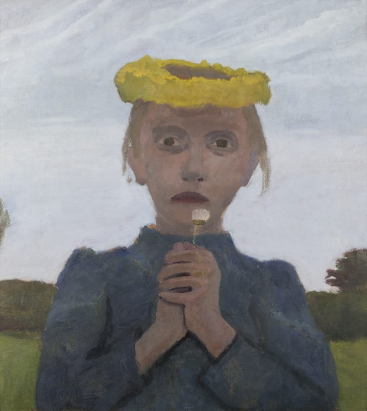 Painting by Paula Modersohn-Becker of a young girl in a blue dress wearing a yellow wreath on her head and holding a daisy in front of her body