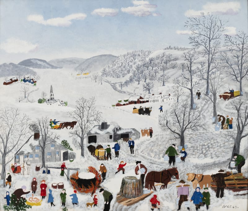 Colorful painting by Grandma Mose showing many human figures in colorful winter wear milling about outdoors in a white, snowy landscape