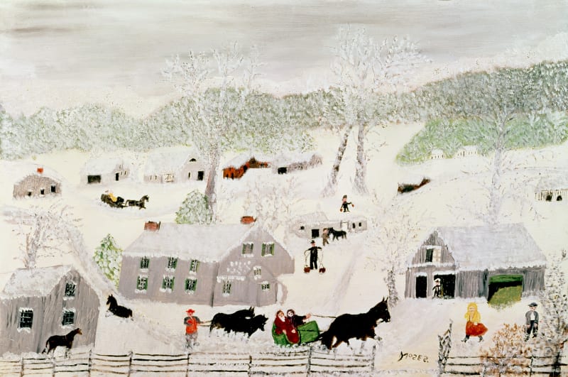A white winter scene painting by Grandma Moses showing snow covered trees on a rural farmstead. At center, two people ride in a green-colored sleigh pulled by black horses. Other people mill about in the cold landscape