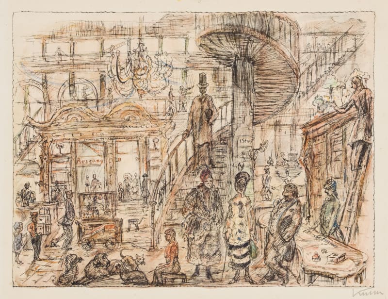 a very sketchy, colorful interior scene by Alfred Kubin showing patrons of a department store. A spiral staircase can be seen at right while a chandelier and ornate stall entrances are at left