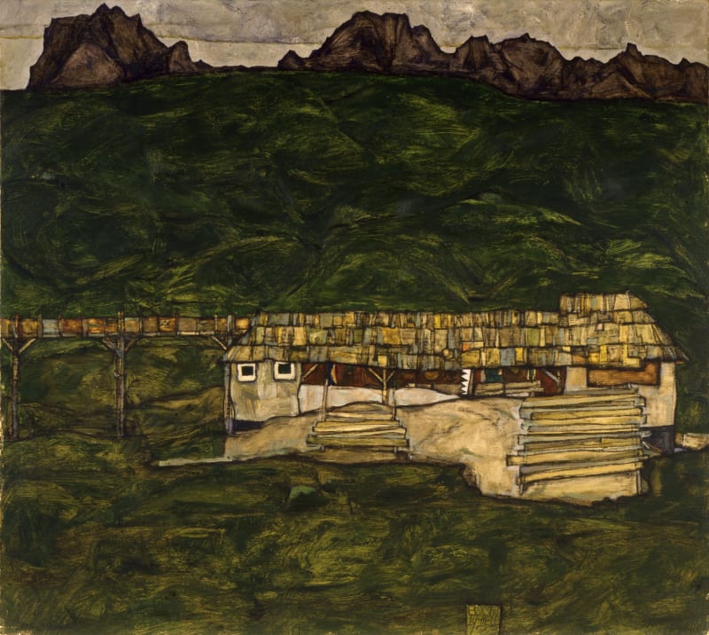 Egon Schiele painting of a Sawmill set against a green background. There are mountains in the background.