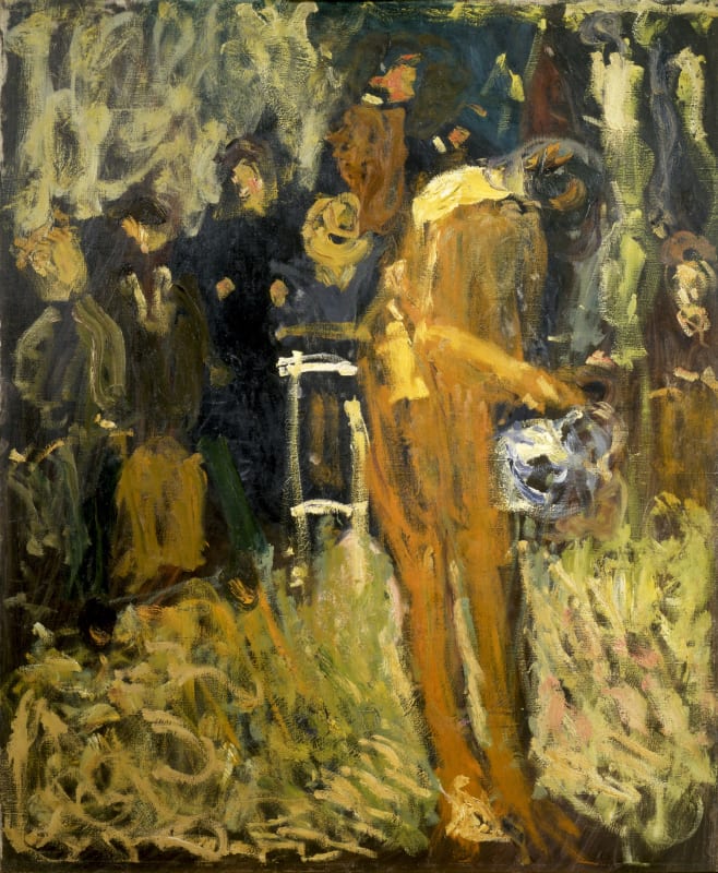 Expressionist painting by Richard Gerstl showing the form of a man in yellow standing in the foreground, and broad strokes of people standing in the background of the painting.