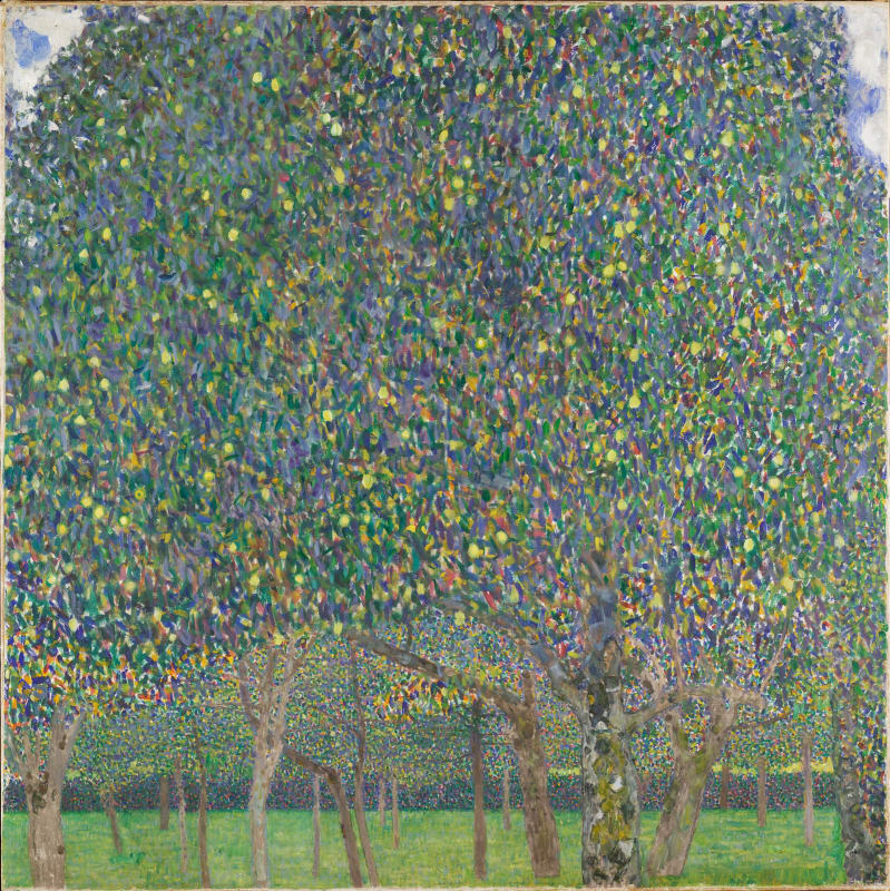square format oil painting by Gustav Klimt depicting a dense area of pear trees in vibrant shades of green, blue and purple
