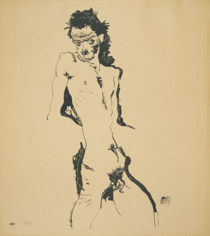 Egon Schiele's Self-Portrait lithograph shows the artist fully nude, staring down the viewer