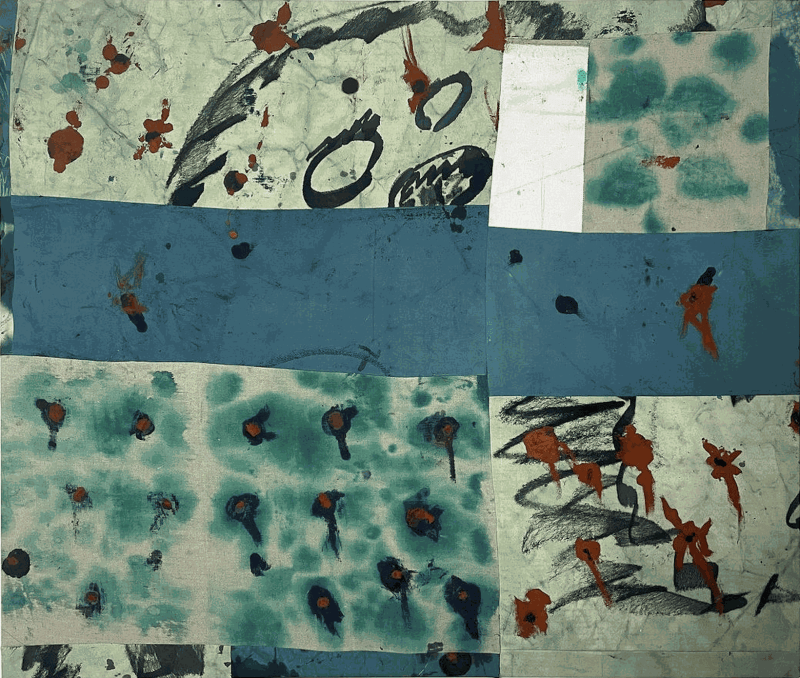 Behind the lake, 2022, dye, bleach, oil stick and spray paint, 130 x 110 cm