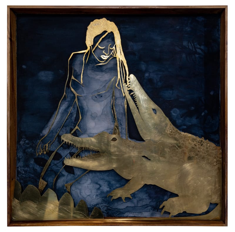 artworks from Roisin Jones showing crocodile and framed silhouette against dark blue background, dark framed