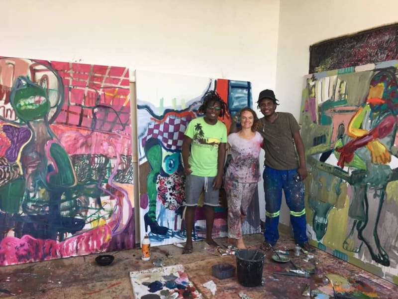 Wycliffe Mundopa, Helen Teede, and Gresham Tapiwa Nyuade in the South Tel Aviv Artist Studio.