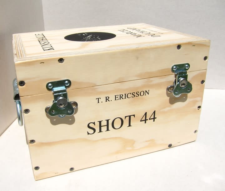 SHOT 44 (Limited Edition Box), 2011 Wood, metal, plaster, 5-diopter glass magnifying lense, face-mounted b/w photograph EDITION 1/10