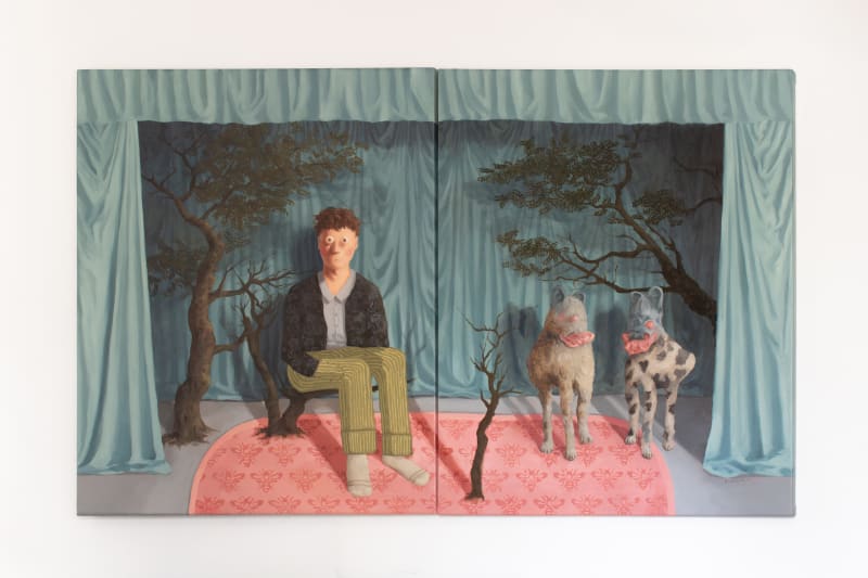 PASCUAL OVALLE One person and two animals in a room Oil on canvas 100 x 160cm (100 x 80cm, each) 2025