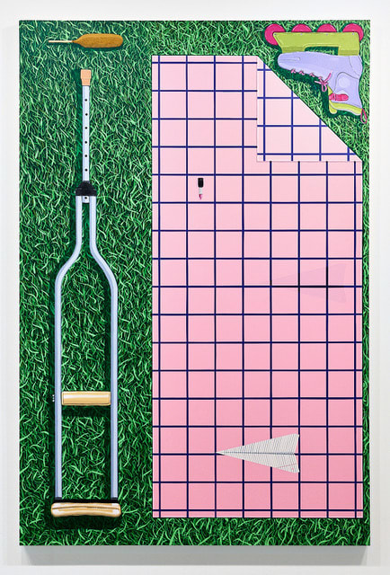 Shawn Powell, Blanket, Crutch, Rollerblade, Lipstick, Corndog, and Paper Airplane, 2022, acrylic on canvas, 75 x 50 inches.