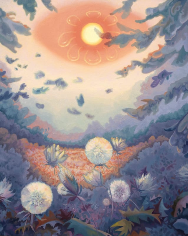 Dana Oldfather, Bloom Relay, 2024, oil on linen, 42 x 43 inches