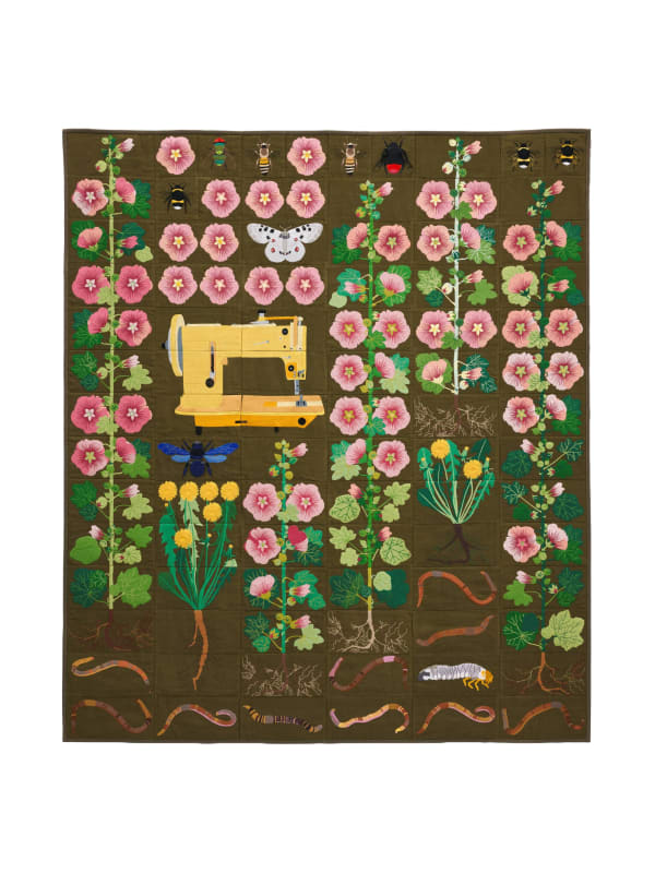 DANIEL DEWAR & GRÉGORY GICQUEL, Embroidered quilt with earthworms, cockchafer larva, dandelion plants, hollyhock plants, carpenter bee, Parnassius apollo butterfly, white-tailed bumblebees, green bottle fly, honey bees, red-tailed bumblebee and sewing machine, 2024