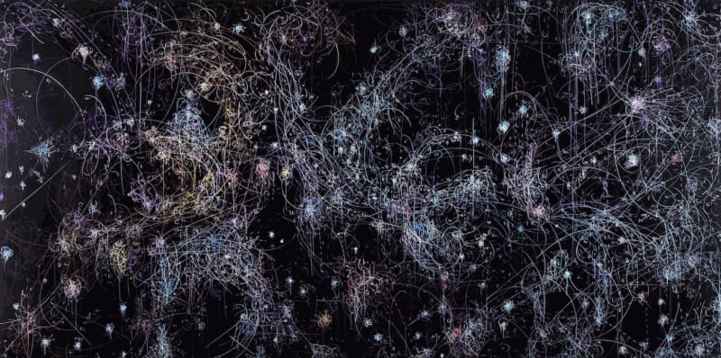 Kysa Johnson, “blow up 322 – the long goodbye (history of gold) – subatomic decay patterns and rapidly spinning neutron star PSR – B1509 – 58” (2017), ink on high gloss on board, 48 x 96 inches (all images courtesy the artist and Von Lintel Gallery)