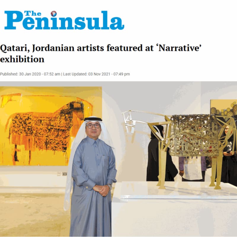 Celebrated Qatari artist Ali Hassan with two of his works at the opening of ‘Narrative’ Exhibition at Al Markhiya Gallery at the Fire Station on Tuesday. Pic: Salim Matramkot/The Peninsula
