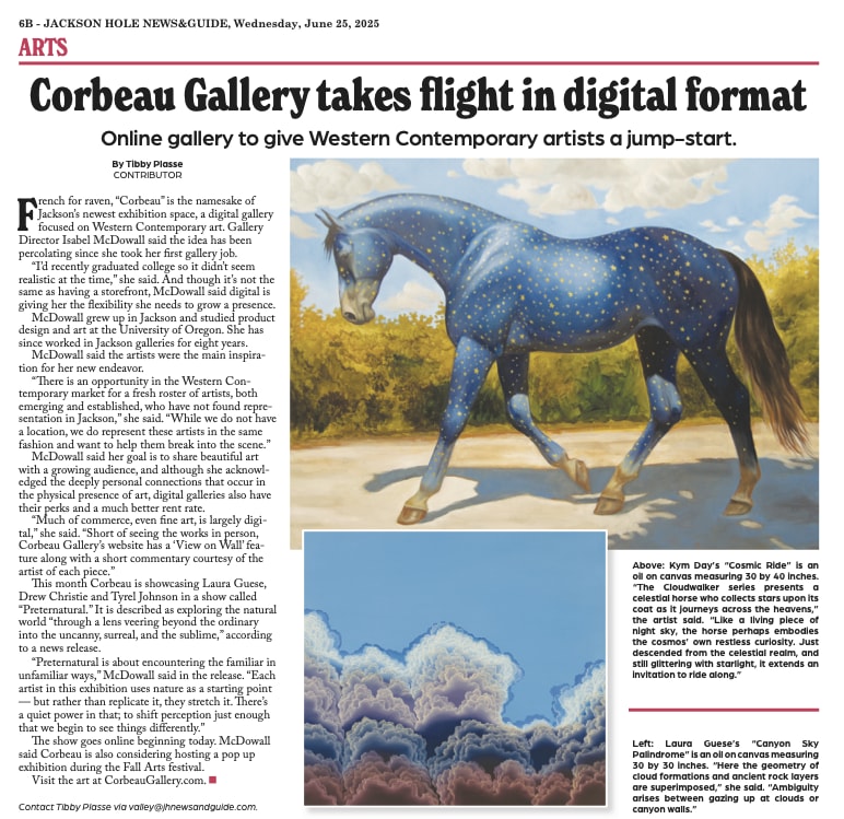 Kym Day's "Cosmic Ride", oil on canvas, 30 x 40 inches and Laura Guese's "Canyon Sky Palindrome", oil on canvas, 30 x 30 inches