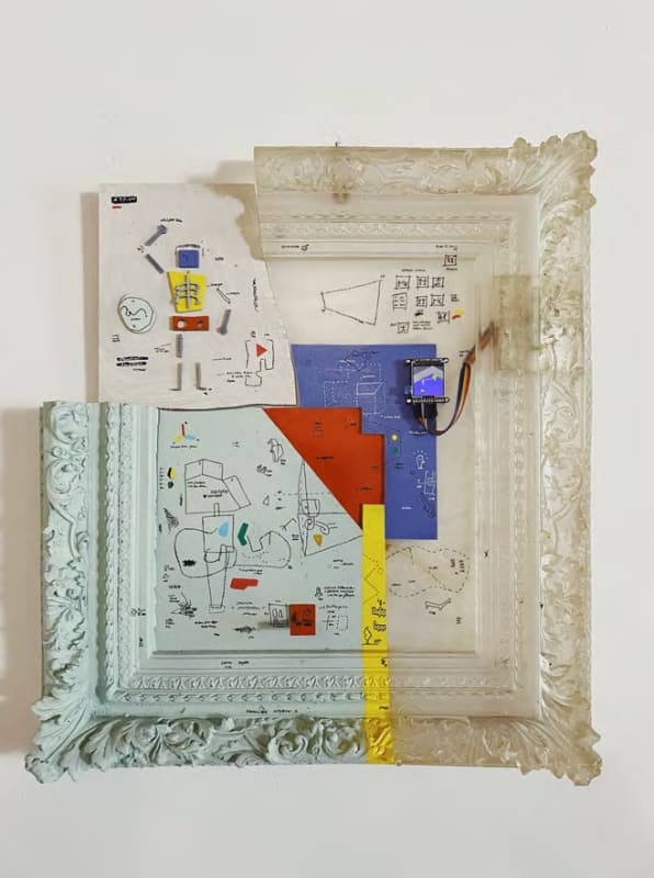 Eser Gündüz, War Romance, 2025. Mixed technique on frame, 70 × 60 cm.