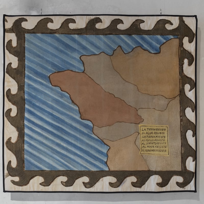 Aileen Gavonel, El Rumor, 2025, sand and inks on canvas, 69 × 77 cm