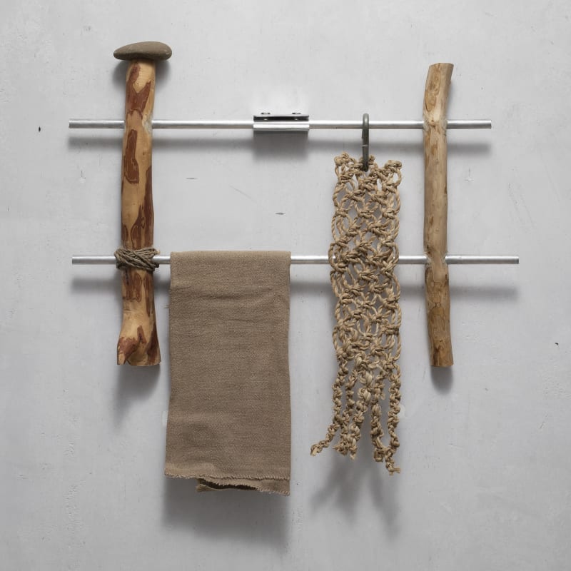 Miguel Cinta Robles, CM/SC8, 2024, cotton, dyed cotton with bark of jonote tree, stainless steel, rock, weave, guava wood, 40 × 45 × 4 cm
