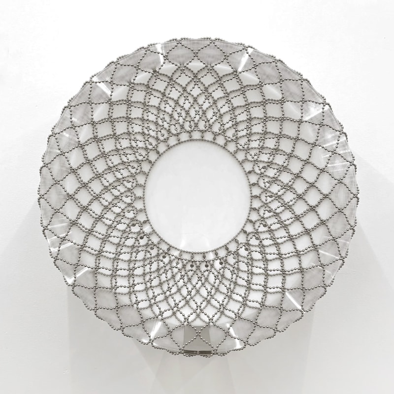 Enrique Garcia, Untitled (Period), 2025, ball chain, stainless steel hardware, single sheet of corrugated plastic, 78.5 × 78.5 × 28.5 cm