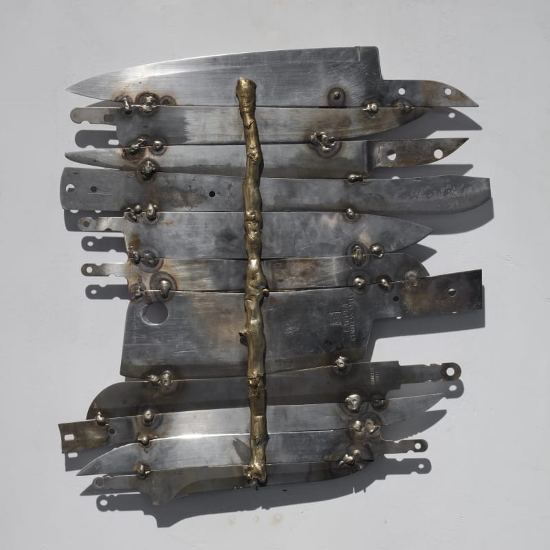 Raura Oblitas, (L), 2022, bronze on recycled and welded stainless-steel plates, 28 × 28 × 0.9 cm
