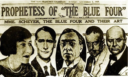 Section of a newspaper page of the "San Francisco Examiner" from 1 November 1925, and five photo cutouts depicting (from left) Galka Scheyer, Lyonel Feininger, Wassily Kandinsky, Paul Klee and Alexej Jawlensky