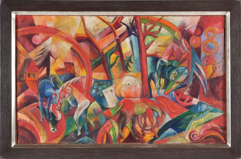 “Rotes Bild mit Pferden”, forged painting in the style of Heinrich Campendonk.