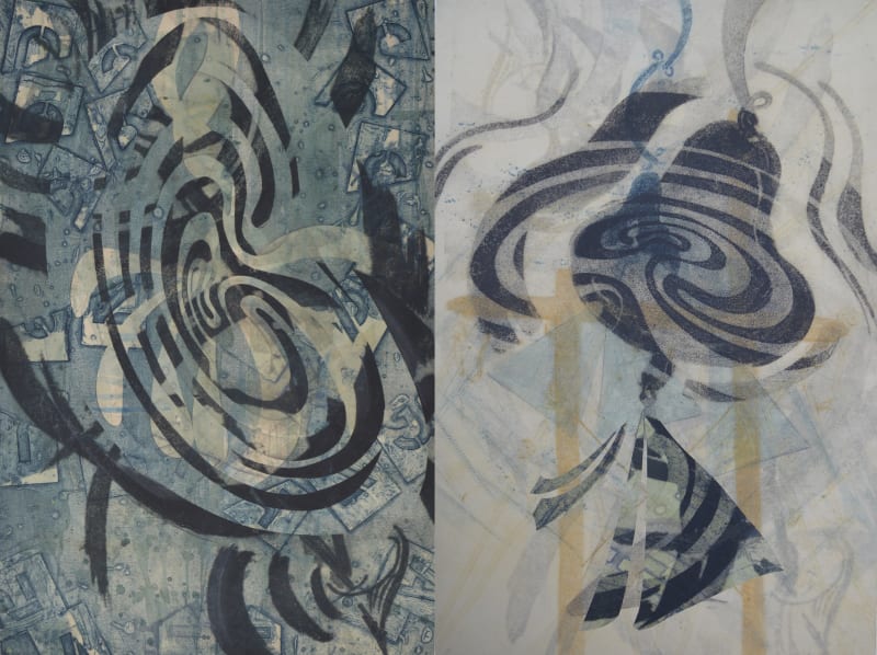 Left Image: Disorientation, collagraph, 30" x 20", 2016; Right Image: Bellwether, collagraph, 30" x 20", 2016-2022.