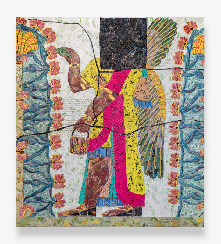 The invisible enemy should not exist (Northwest Palace of Kalhu, Room S, Panel S-10), 2023, Arabic newspapers, food packaging, cardboard relief sculptures on wood panel