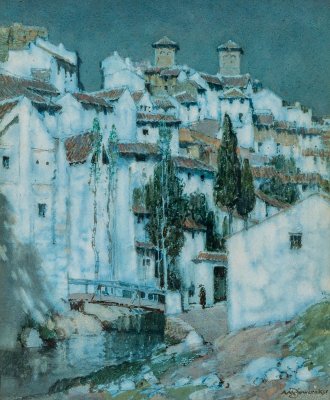 Albert Moulton Foweraker R.B.A, Moonlight figure about to cross a bridge in a Spanish town