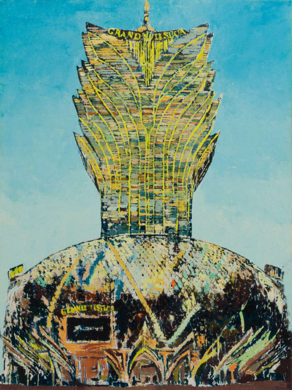 Painting by Enoc Perez showing a building against a blue sky