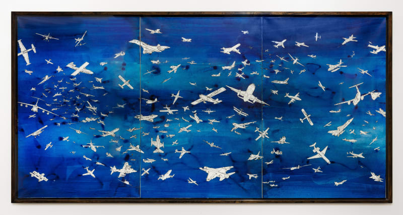 Alighiero Boetti, 'Aerei', 1989, Ink on photo paper laid down on canvas, 3 parts, 99 x 66 cm. (39 x 26 in.) each / 99 x 198 cm. (39 x 78 in.) total