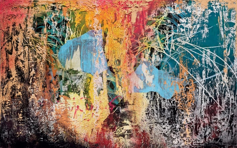 José Parlá, Writers’ Bench: Grand Concourse and 149th Street, The Bronx, 2020, acrylic, ink, collage, enamel, plaster, and oil on canvas