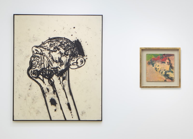 Two paintings: on the left it is Tony Bevan on the right Frank Auerbach, both depict heads
