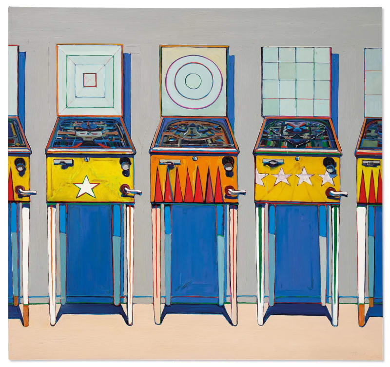 Wayne Thiebaud, Four Pinball Machines, 1962, oil on canvas, 172.7 x 182.8cm, from a private collection. © Wayne Thiebaud VAGA at ARS, NY and DACS, London 2025. Image Courtesy of Acquavella Galleries.