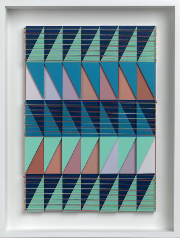 Lucy Williams, Abstract Assemblage, 2025, Paper, Perspex, engineered wood, cotton embroidery thread and acrylic paint on panel, framed: 18 1/2 x 14 1/8 inches