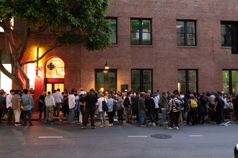 A crowd spills out onto Hawthorne Street at the opening reception for ‘Barry McGee: Old Mystified’ on September 27, 2024